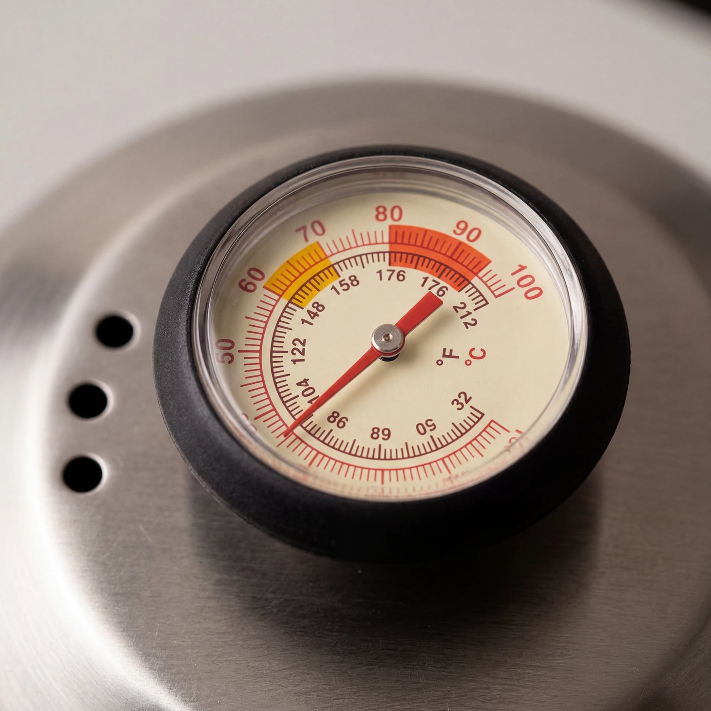 Gros plan du thermomètre à cadran sur le couvercle d'une bouilloire col de cygne en inox.