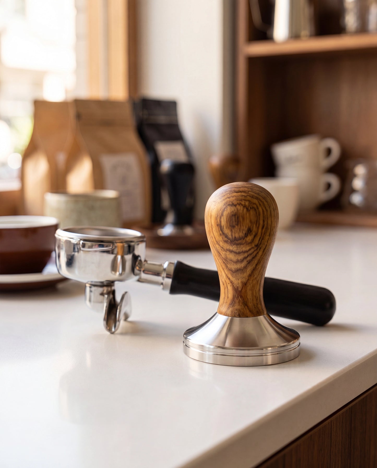 Tamper à espresso en bois et inox posé sur un comptoir à côté d'un porte-filtre.