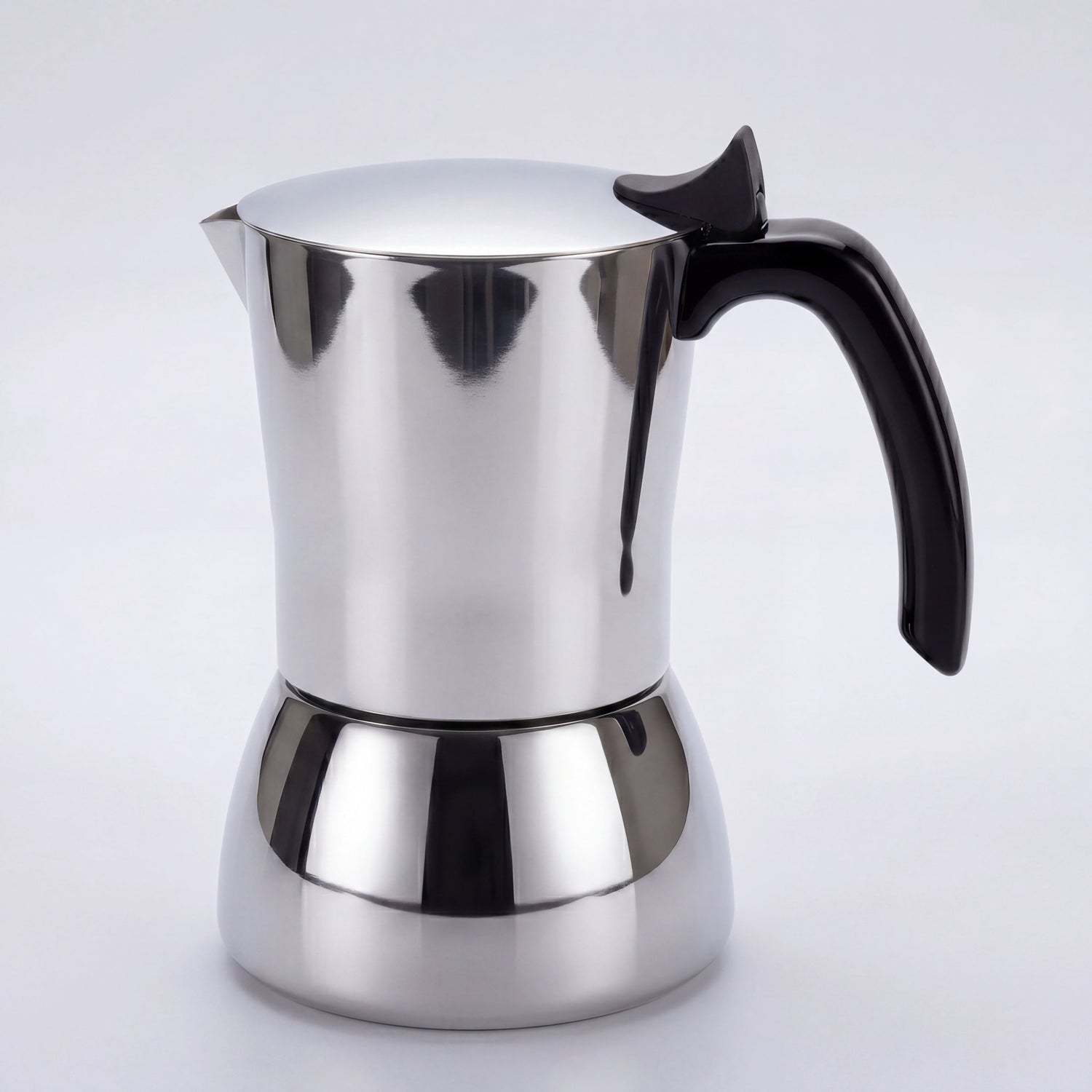 Cafetière italienne anti-brûlure inox 304, vue de trois-quarts avant
