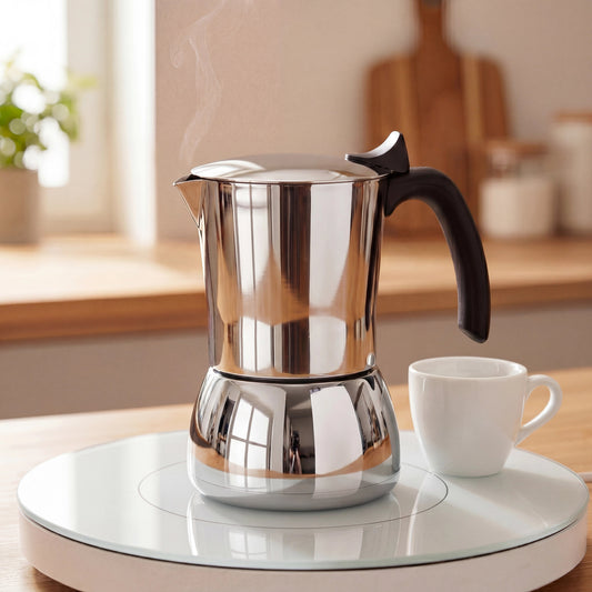 Cafetière italienne anti-brûlure inox 304 posée sur une plaque à induction