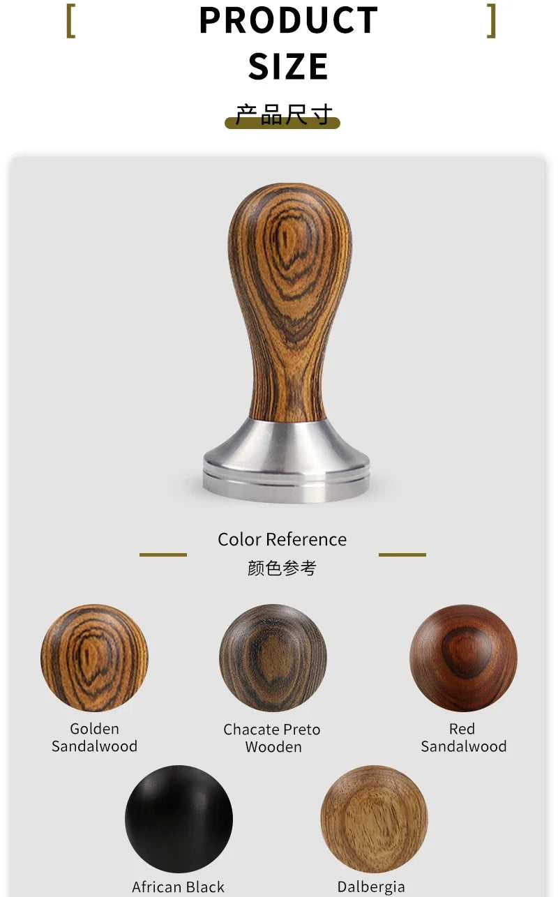 Tamper espresso bois + inox — 51, 53, 57, 58,5 mm