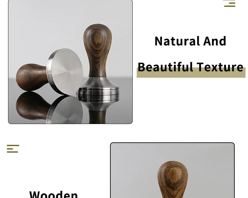 Tamper espresso bois + inox — 51, 53, 57, 58,5 mm