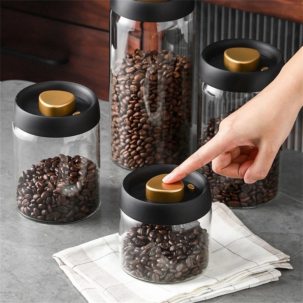 Boîte de conservation café sous vide — verre & bois