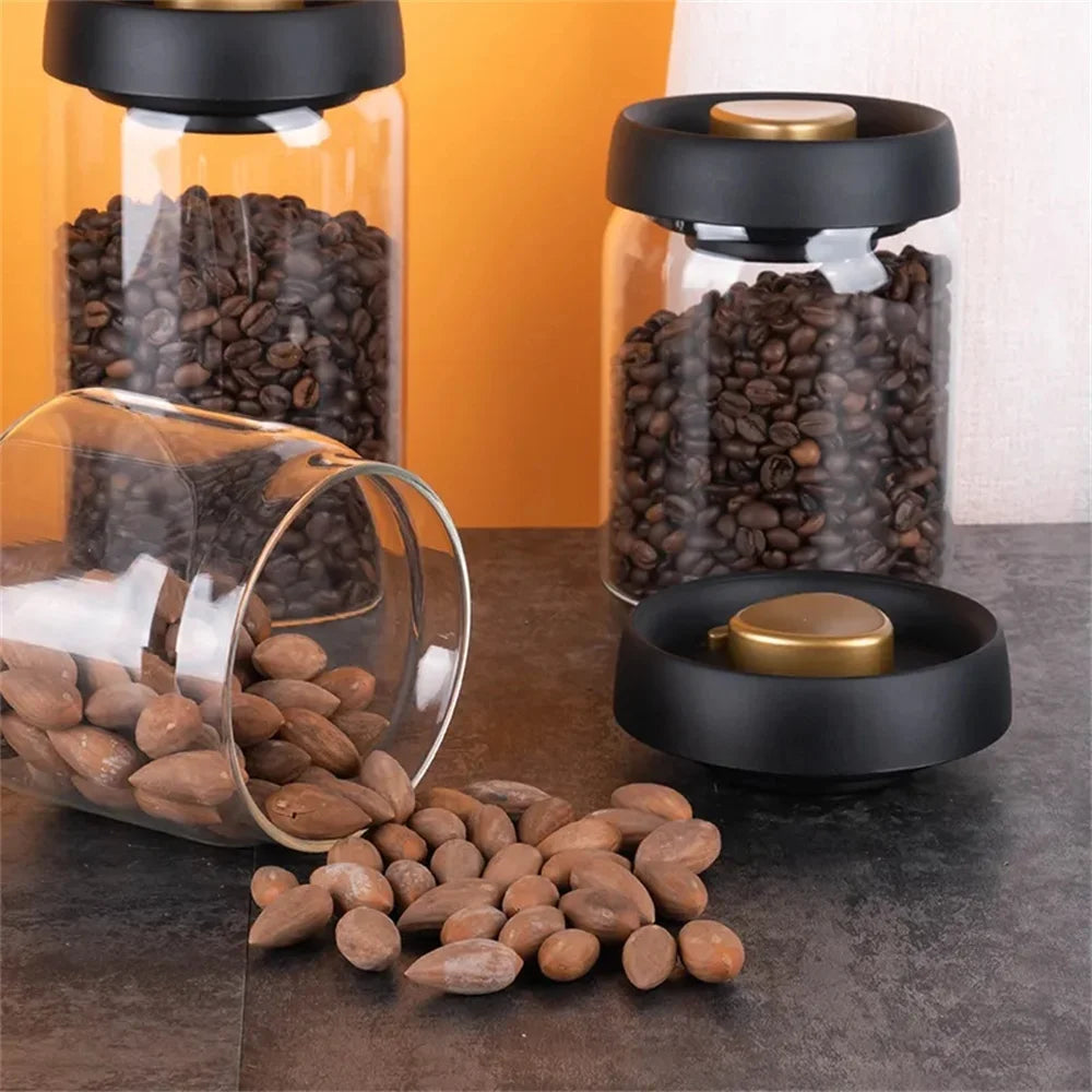 Boîte de conservation café sous vide — verre & bois