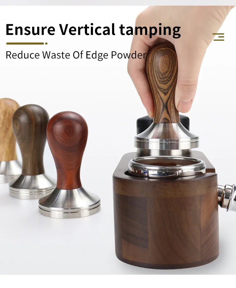 Tamper espresso bois + inox — 51, 53, 57, 58,5 mm