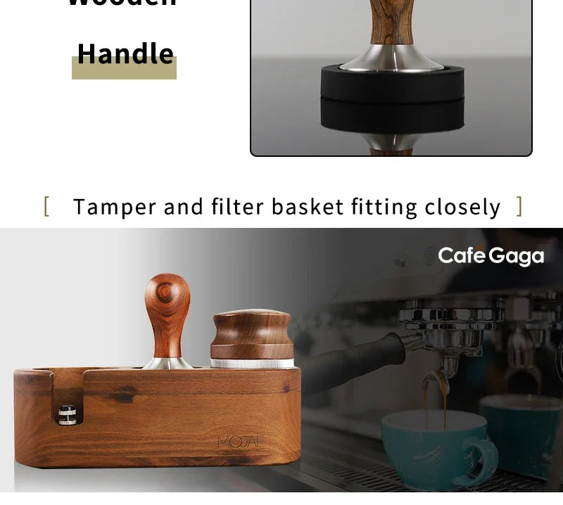 Tamper espresso bois + inox — 51, 53, 57, 58,5 mm