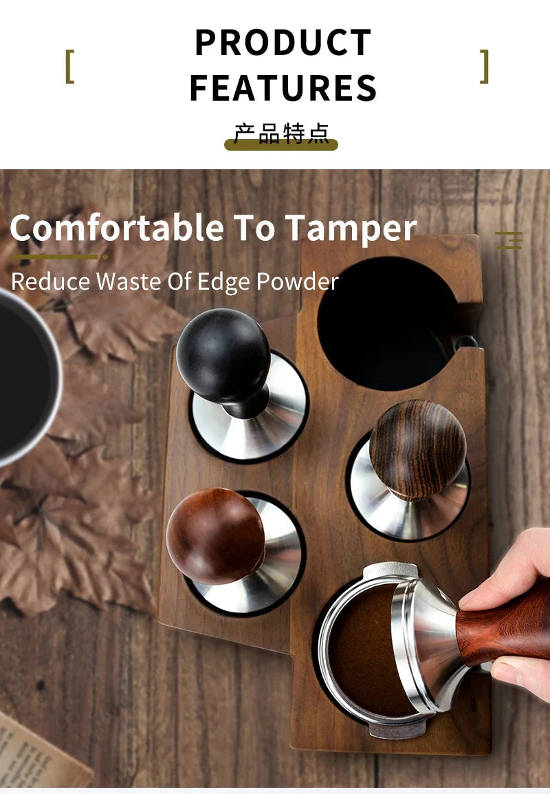 Tamper espresso bois + inox — 51, 53, 57, 58,5 mm