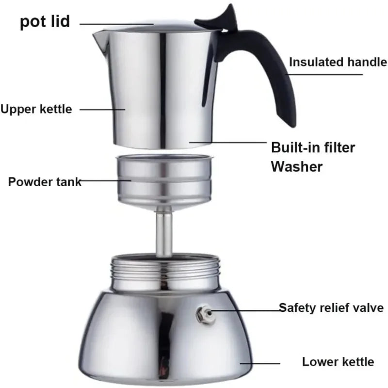 Cafetière Moka anti-brûlure — Inox 304, fond induction