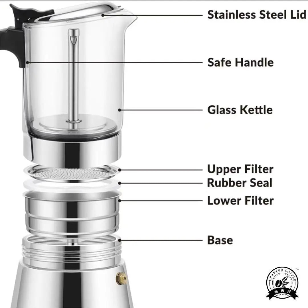 Pot Moka verre borosilicate — Base ferritique induction