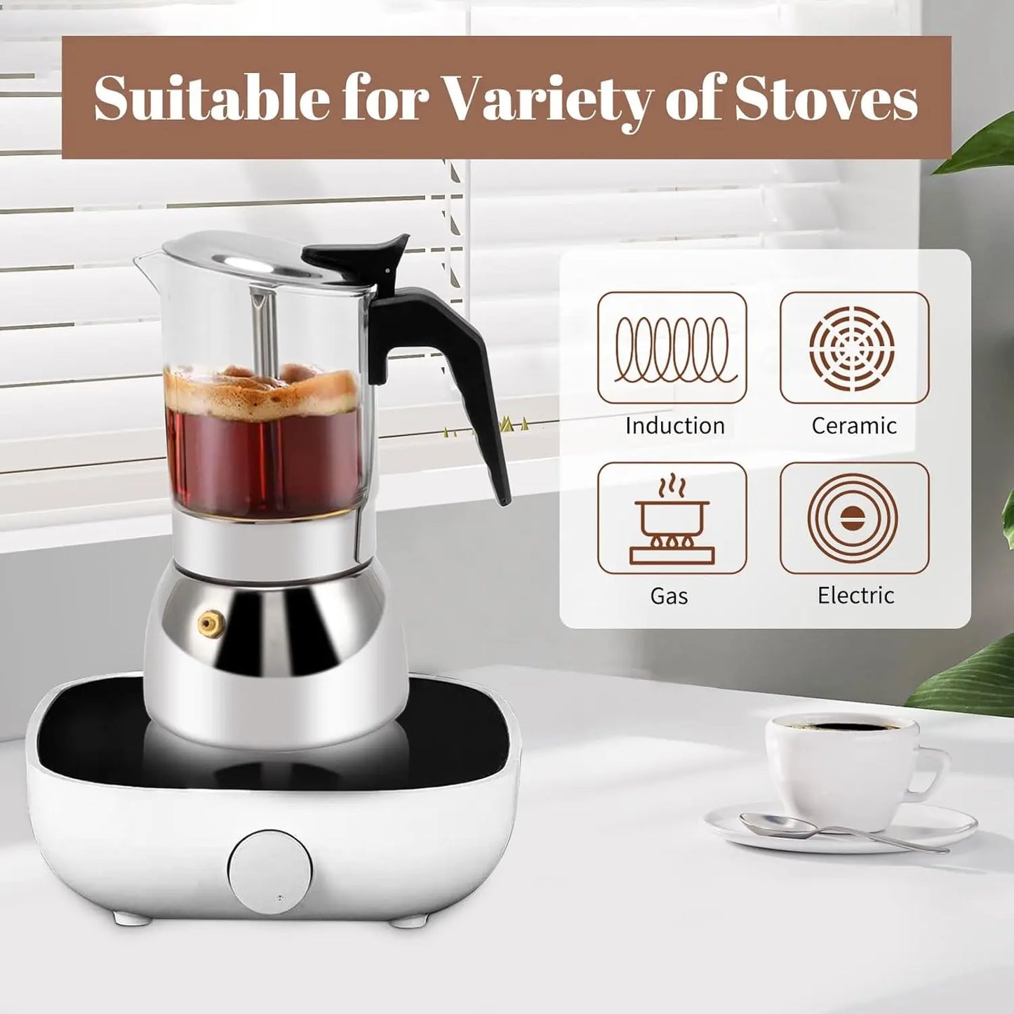 Pot Moka verre borosilicate — Base ferritique induction