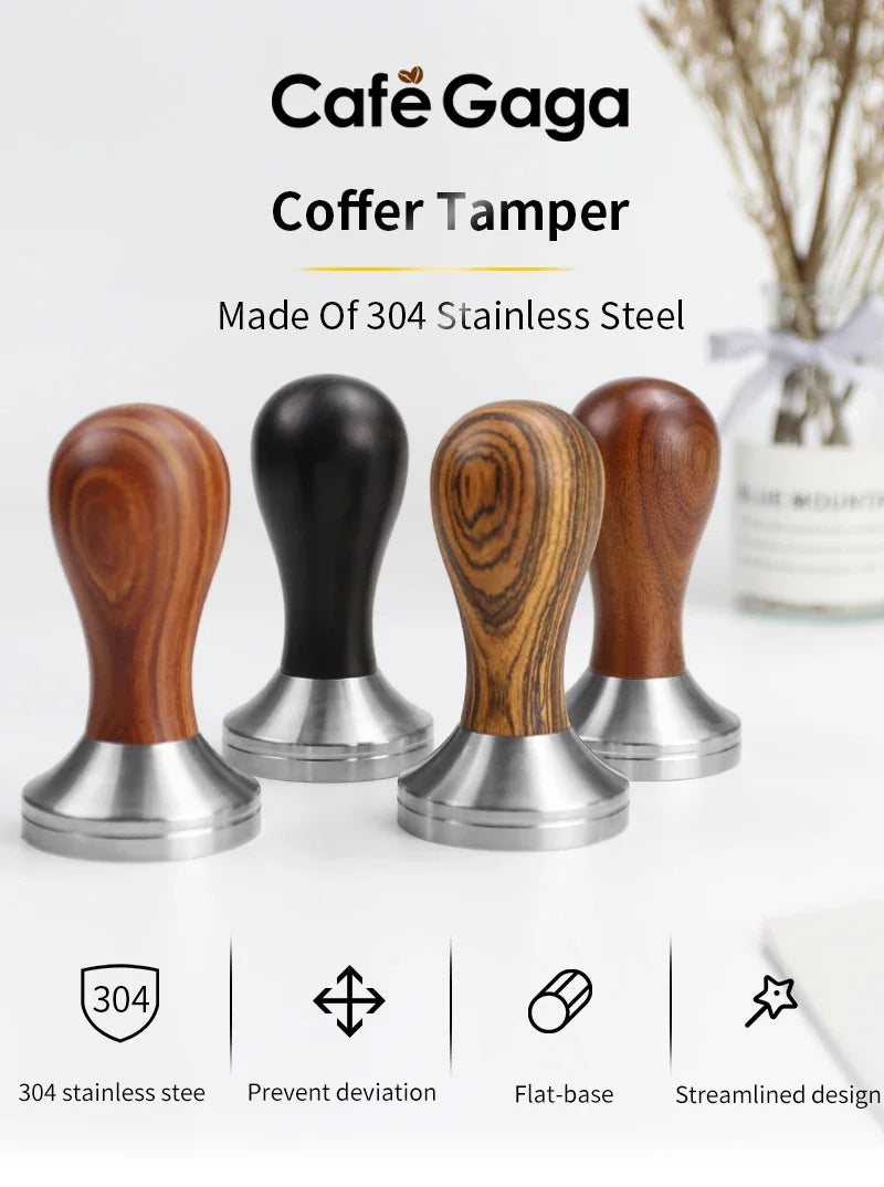 Tamper espresso bois + inox — 51, 53, 57, 58,5 mm