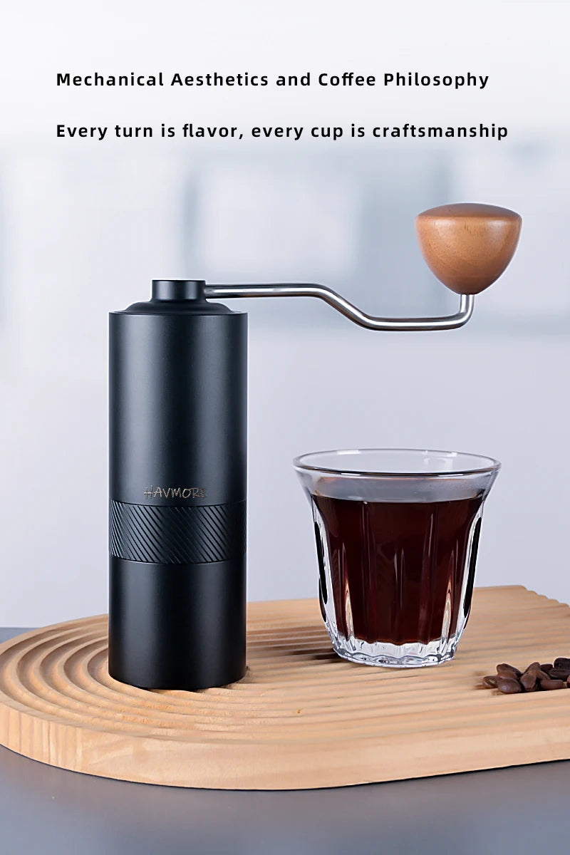 Moulin à café manuel CNC — 40 réglages, inox + bois acacia
