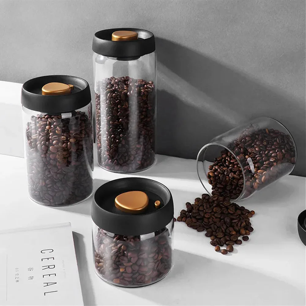 Boîte de conservation café sous vide — verre & bois