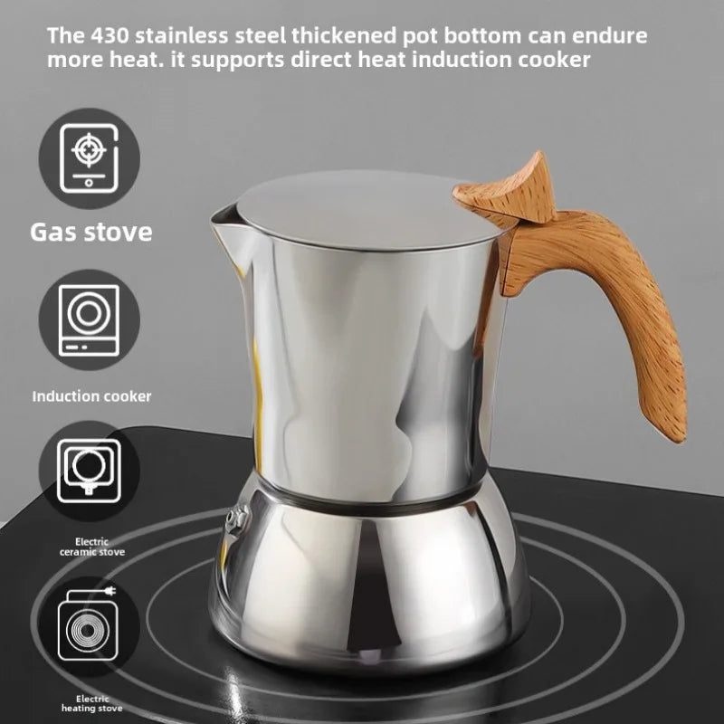 Cafetière Moka anti-brûlure — Inox 304, fond induction