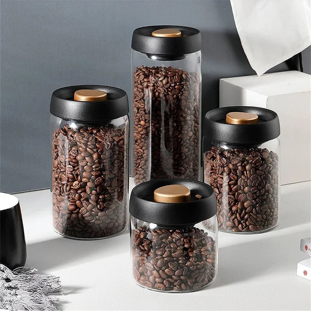 Boîte de conservation à café sous vide en verre avec couvercle en bois