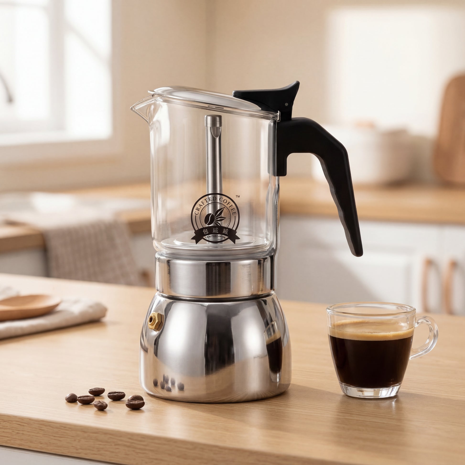 Cafetière italienne en verre et inox posée sur un plan de travail avec une tasse d'espresso.
