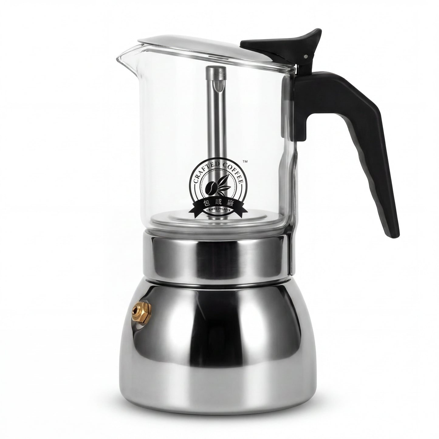 Cafetière italienne en verre et inox, vue de face sur fond blanc.