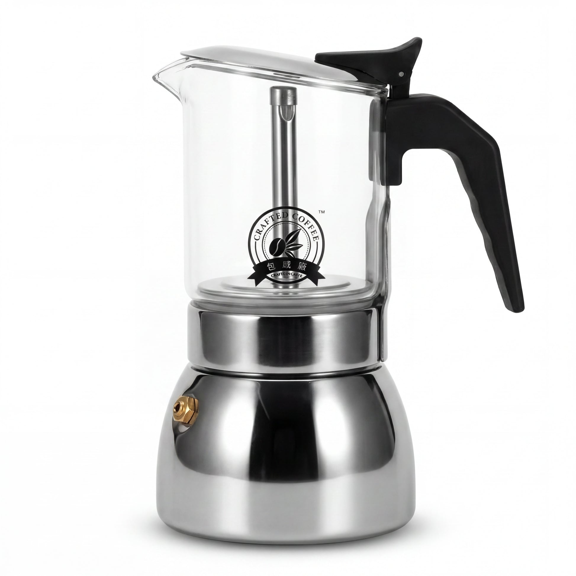 Cafetière italienne en verre et inox, vue de face sur fond blanc.