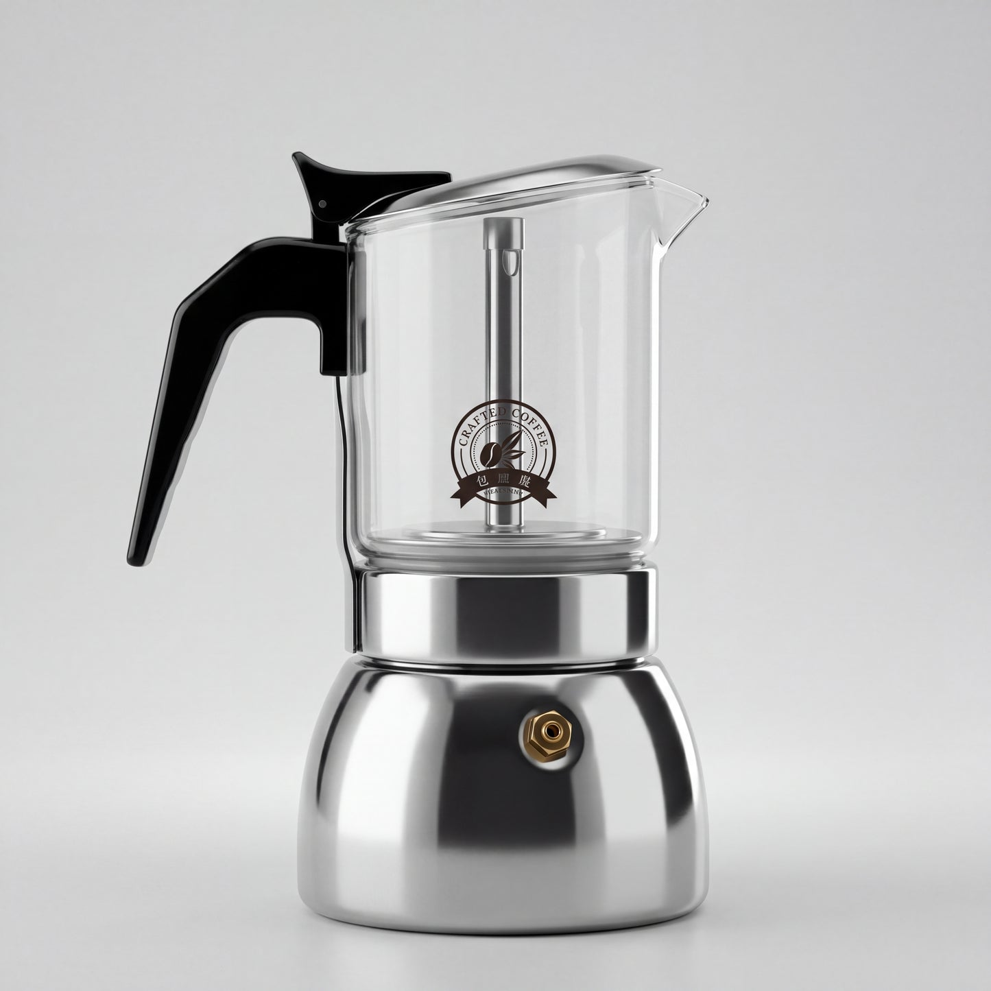Cafetière italienne en verre et inox à poignée noire, vue de profil sur fond blanc.
