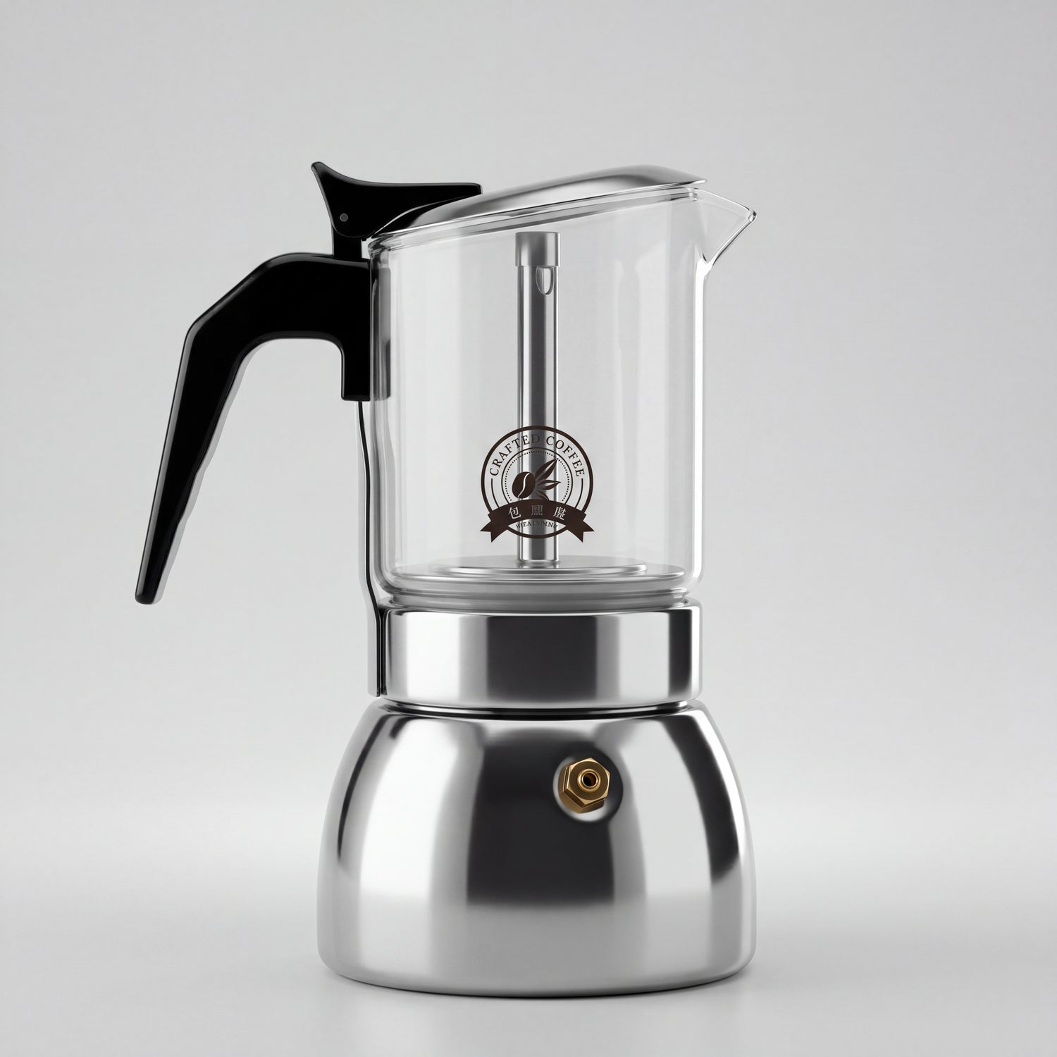 Cafetière italienne en verre et inox à poignée noire, vue de profil sur fond blanc.