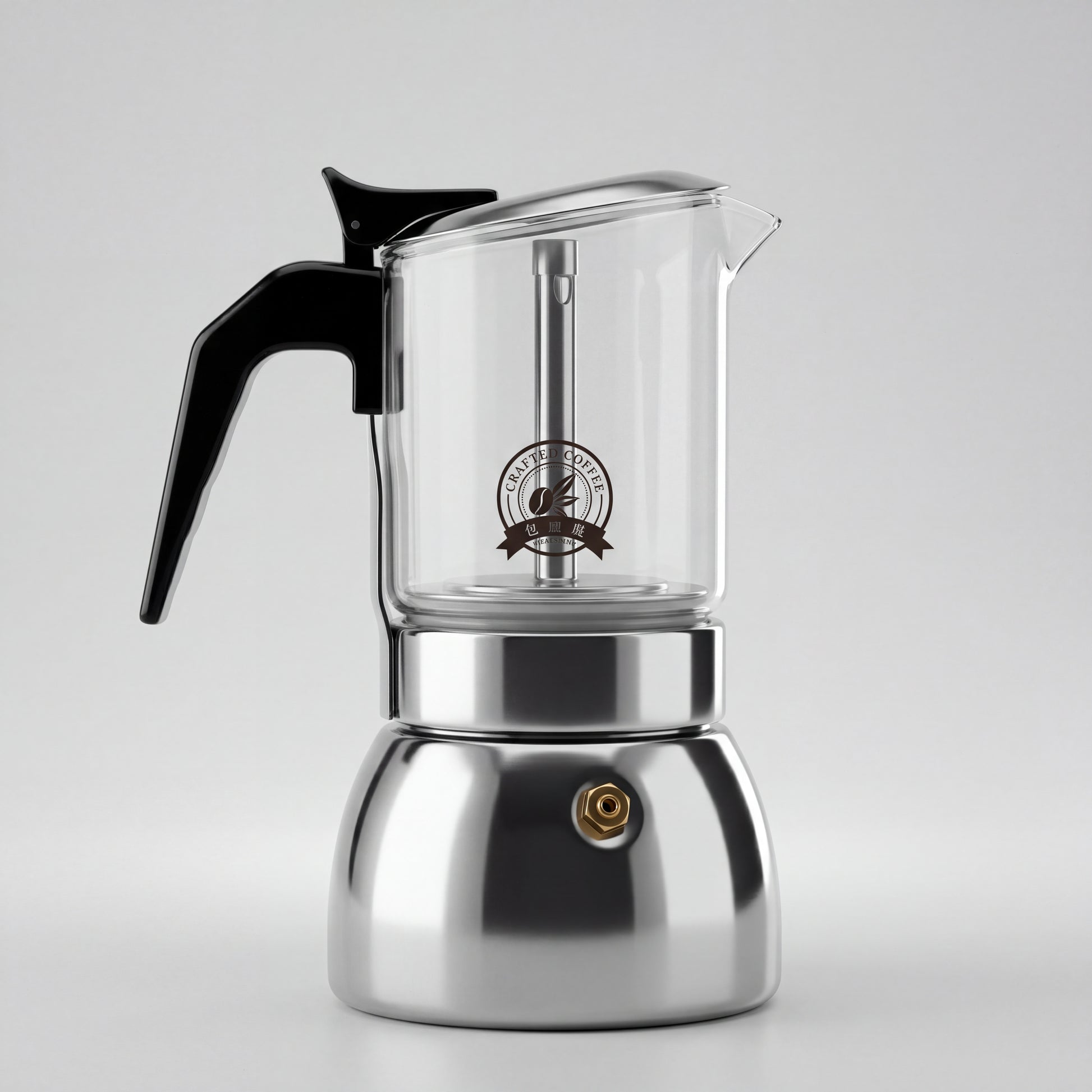 Cafetière italienne en verre et inox à poignée noire, vue de profil sur fond blanc.