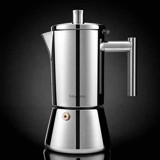Cafetière italienne moderne en inox poli miroir à poignée tubulaire, sur fond noir.