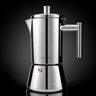 Cafetière italienne moderne en inox poli miroir à poignée tubulaire, sur fond noir.