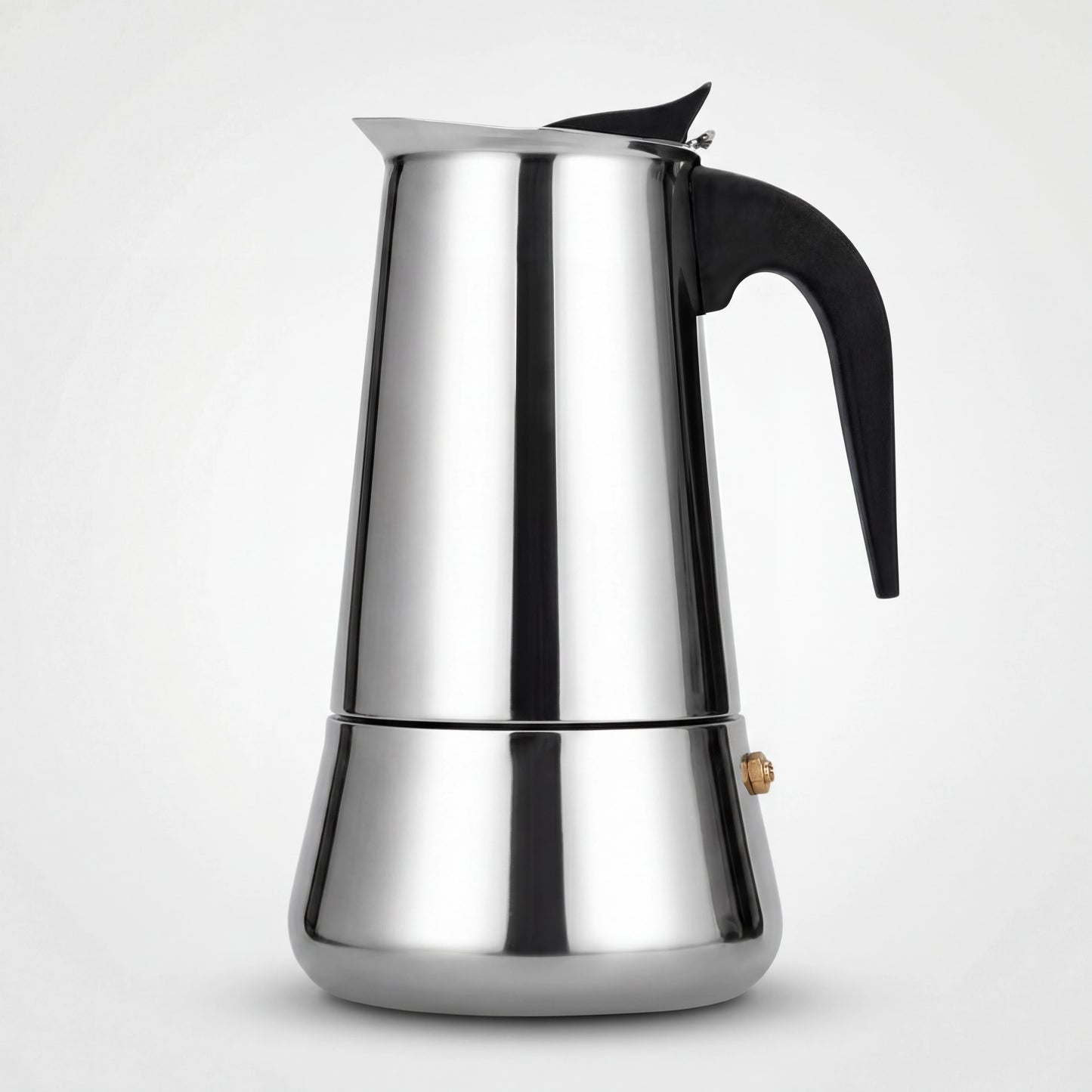 Cafetière italienne percolateur en inox, vue de profil sur fond blanc.