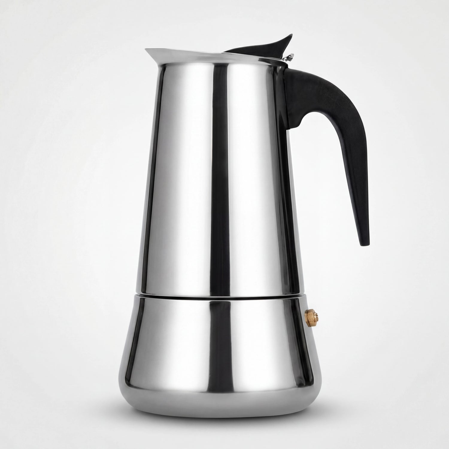 Cafetière italienne percolateur en inox, vue de profil sur fond blanc.