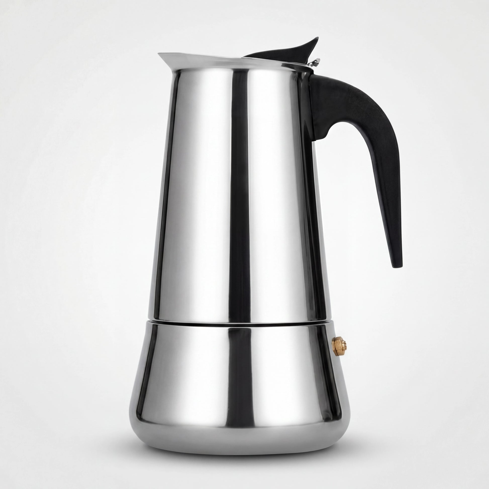 Cafetière italienne percolateur en inox, vue de profil sur fond blanc.