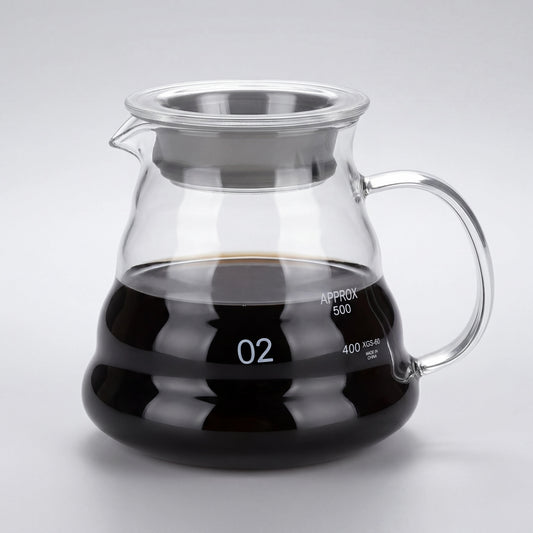 Carafe à café en verre borosilicate remplie de café, anse en verre et couvercle à liseré inox, vue de trois-quarts.