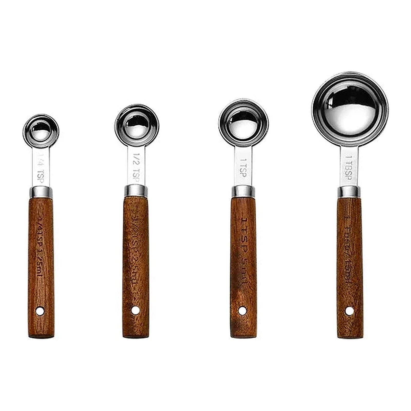 Cuillères doseuses à têtes en inox et manches en bois, sur fond blanc.