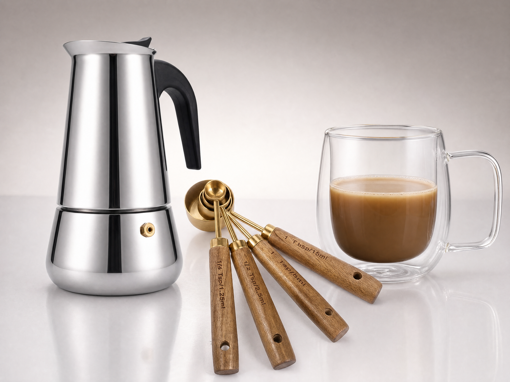 Kit Essentiel : cafetière italienne percolateur en inox, cuillères doseuses à manches en bois et verre à café double paroi, présentés ensemble sur fond clair.
