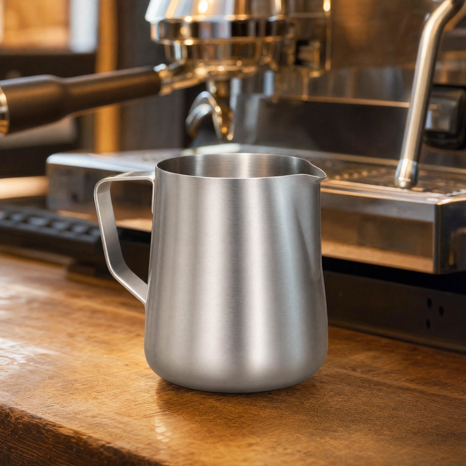 Pichet à lait en inox brossé posé sur un comptoir devant une machine à espresso.