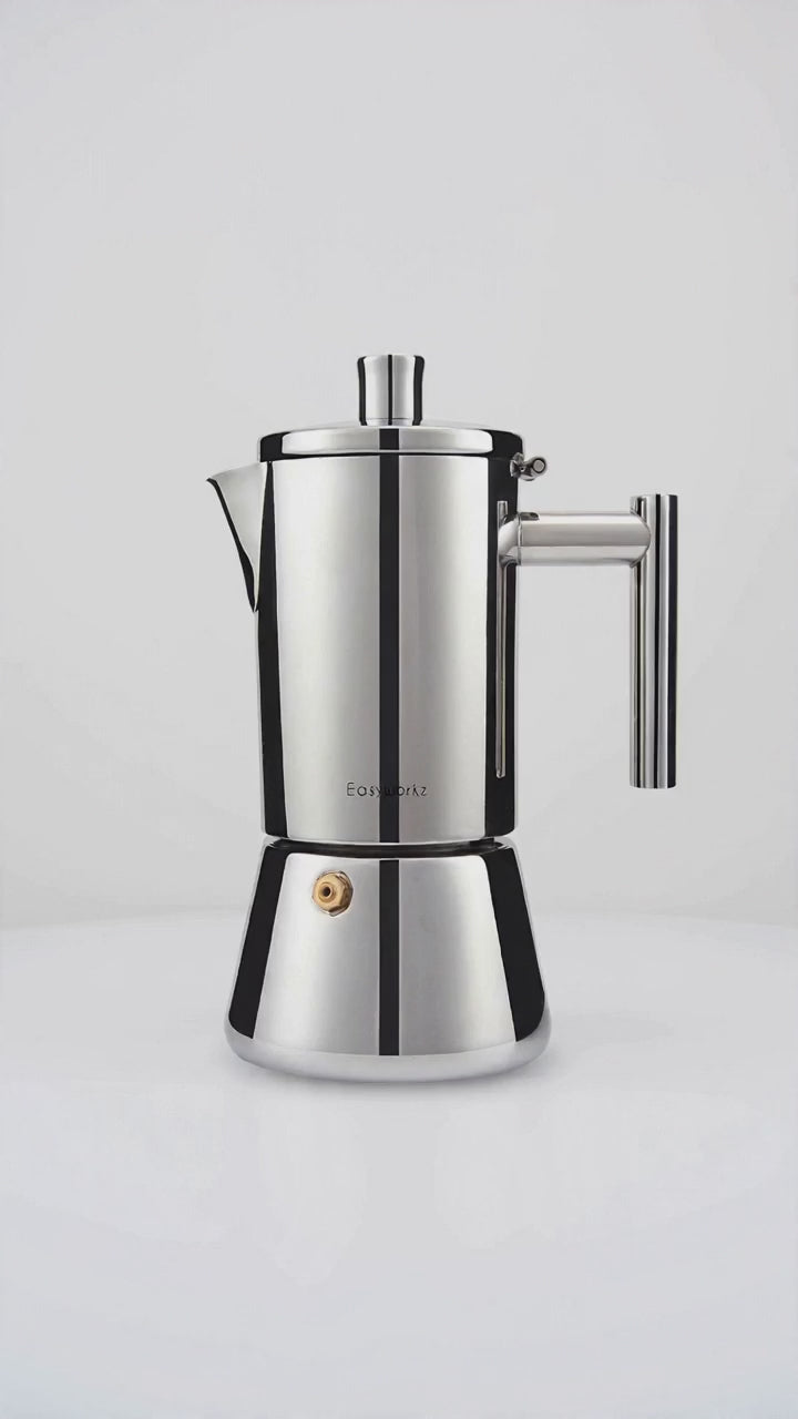 Vidéo de présentation de la cafetière italienne moderne en inox poli.