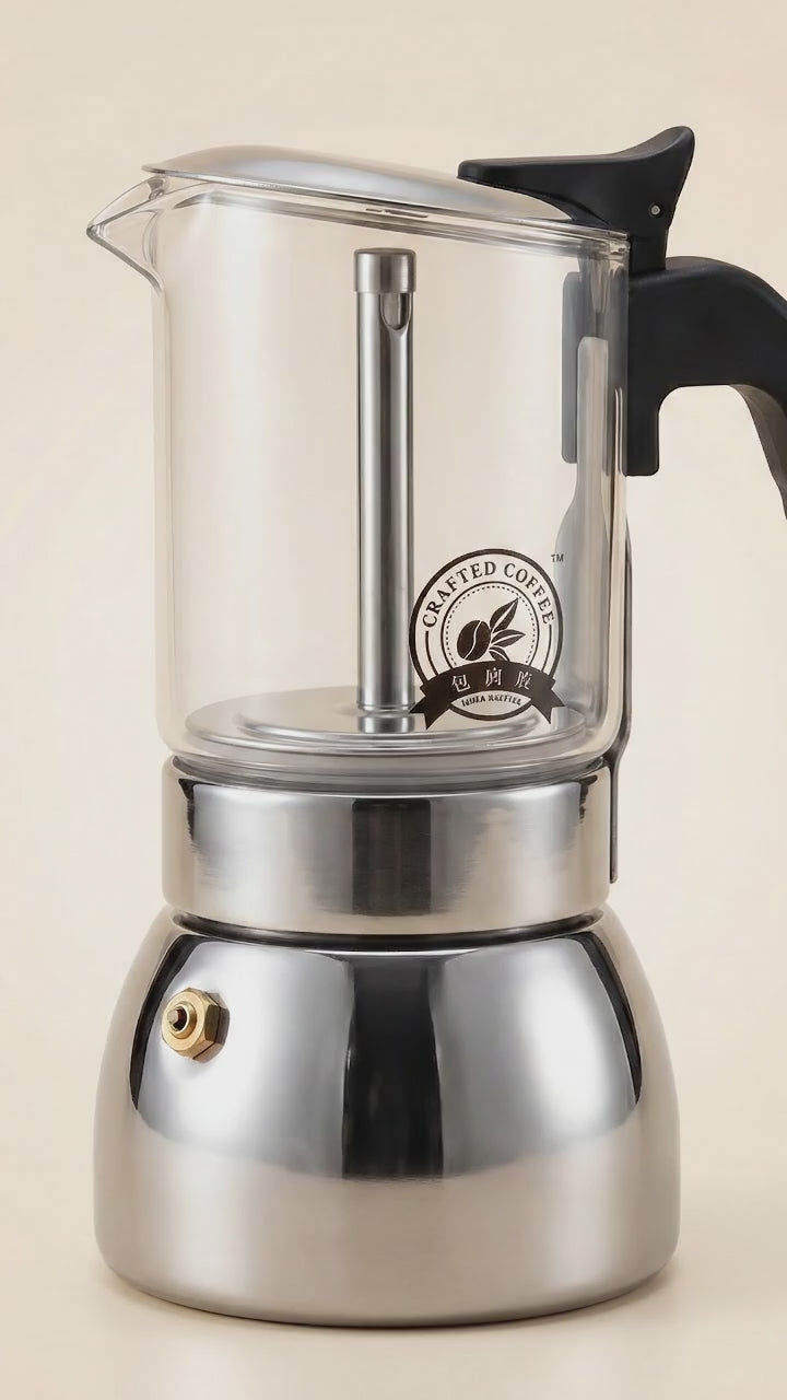 Vidéo de présentation de la cafetière italienne en verre borosilicate et inox compatible induction.