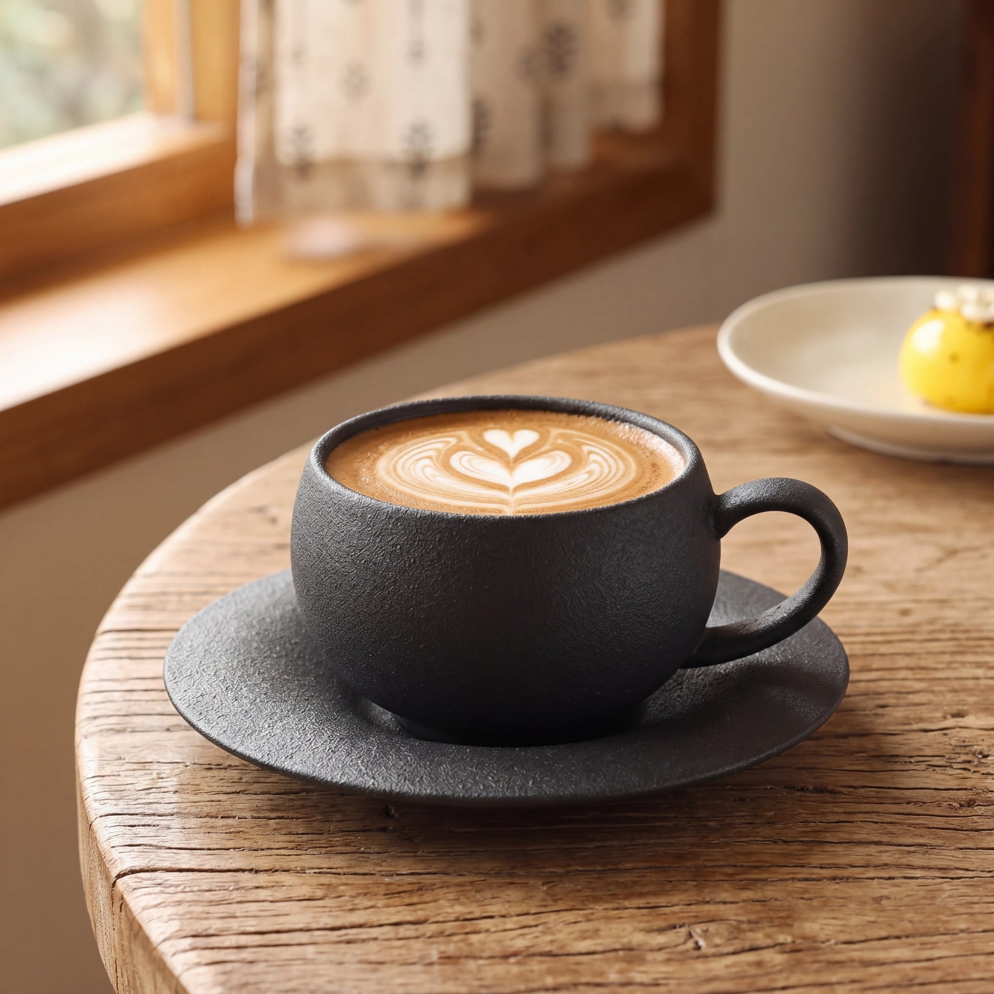 Tasse à café en céramique noire remplie de café latte posée sur une table en bois près d'une fenêtre.