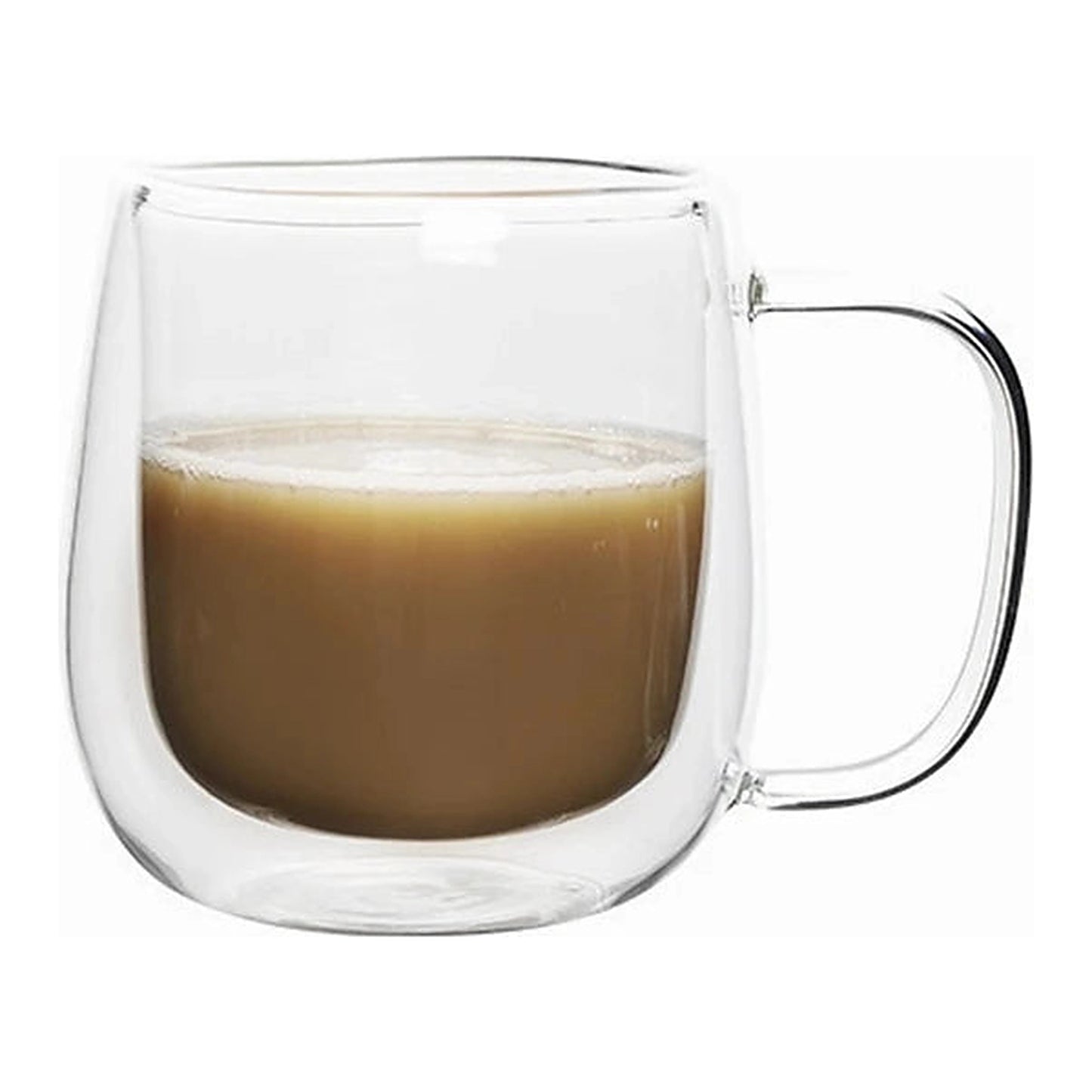 Verre à café double paroi avec poignée rempli de café, modèle 150 ml, sur fond blanc.