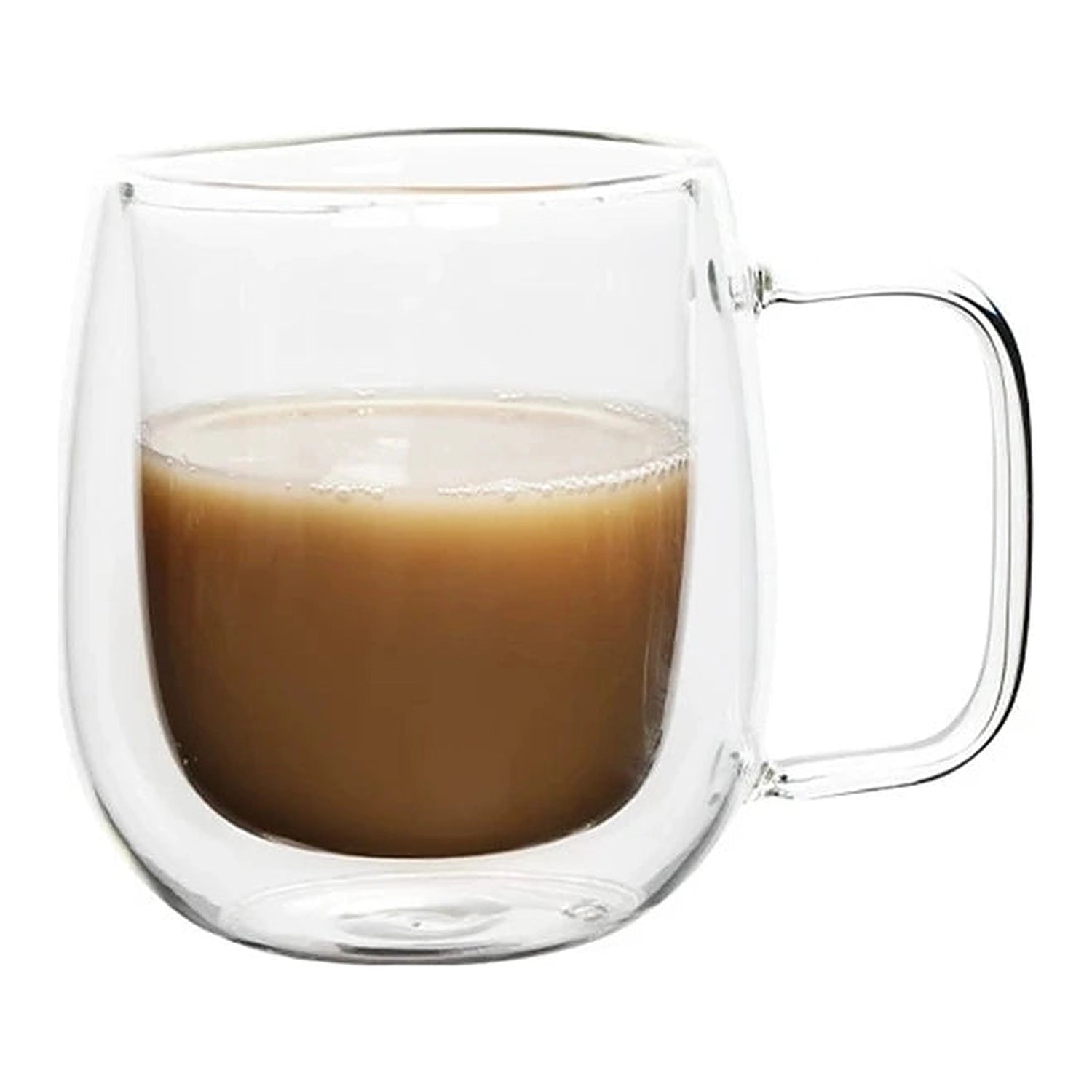 Verre à café double paroi avec poignée rempli de café au lait, modèle 350 ml, sur fond blanc.