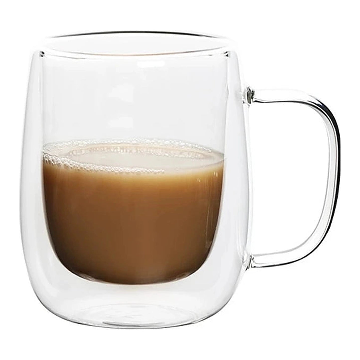 Verre à café double paroi avec poignée rempli de café au lait, modèle 450 ml, sur fond blanc.