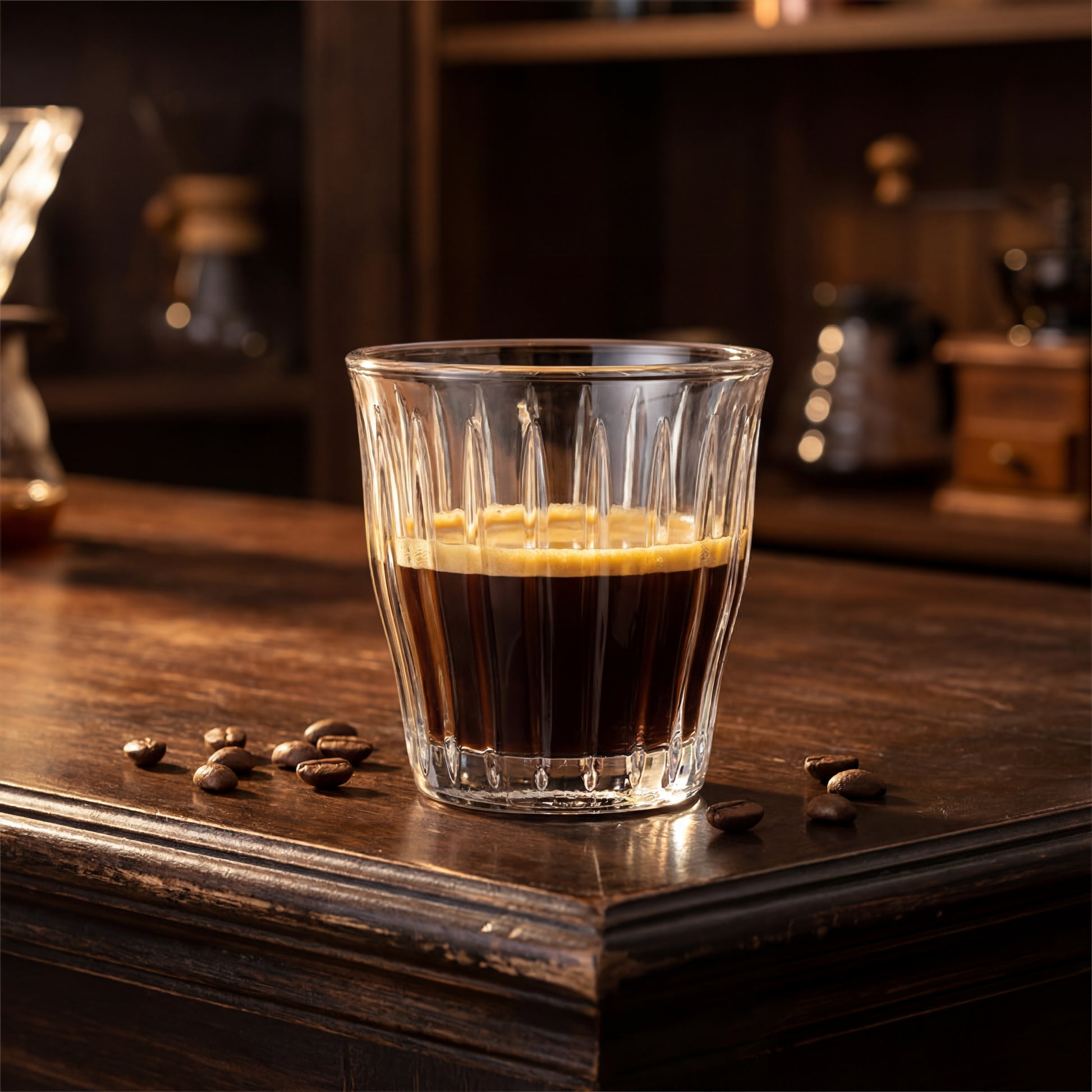 Verre à espresso facetté contenant un espresso posé sur une table en bois.